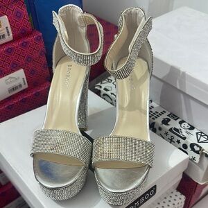 BAMBOO Silver Stiletto Heels with Rhinestone Embellishments